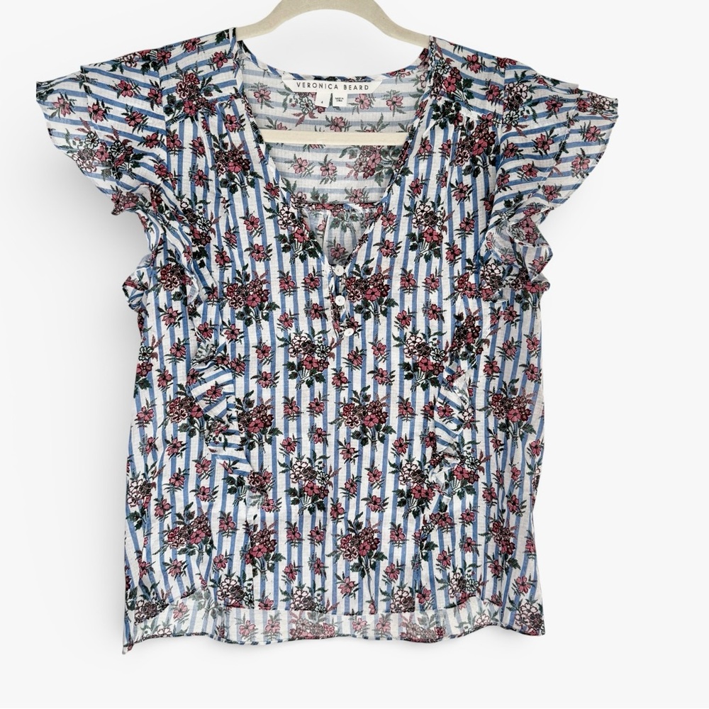 Veronica Beard Joie Ruffle Sleeve Blouse 4 100% Cotton Cottagecore Garden Party